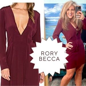 Rory Beca, Avril in Bordeaux Silk Deep V Long Sleeve Mini Cocktail Dress,Size S